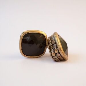 Gold-Tone Omega Back Statement Earrings | Dark Faceted Stone